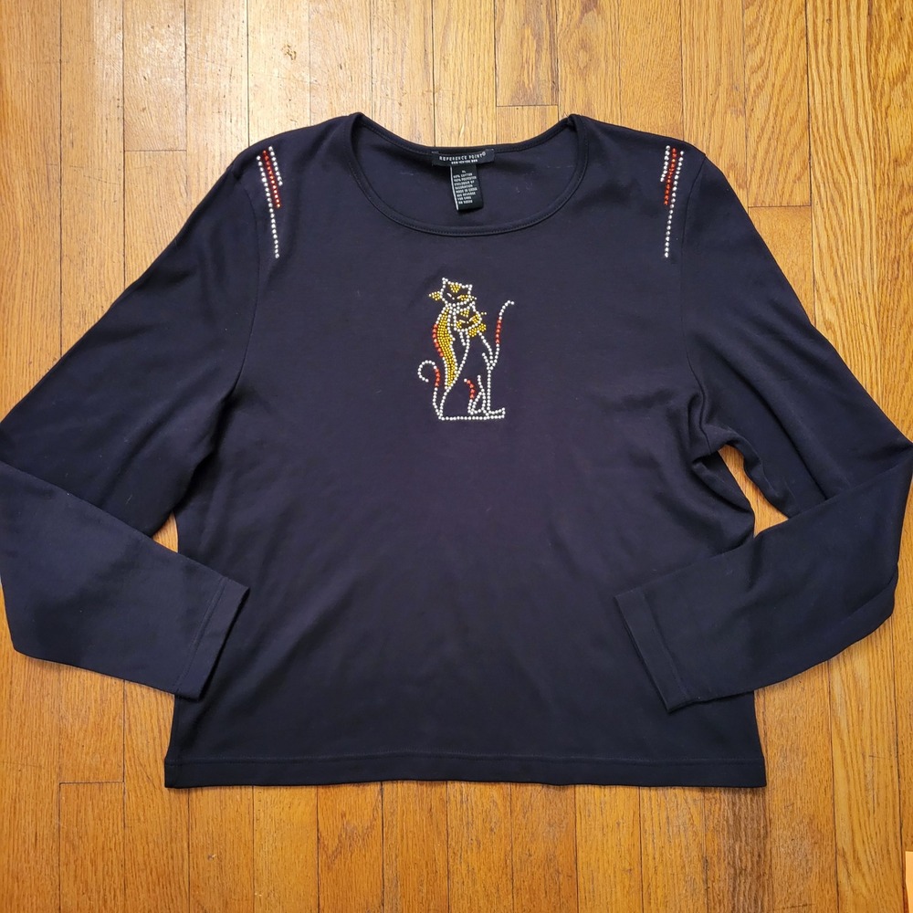 Bling Black Cat Rhinestone Long Sleeve Top XL Goth Cozy Winter Holiday Bling‎